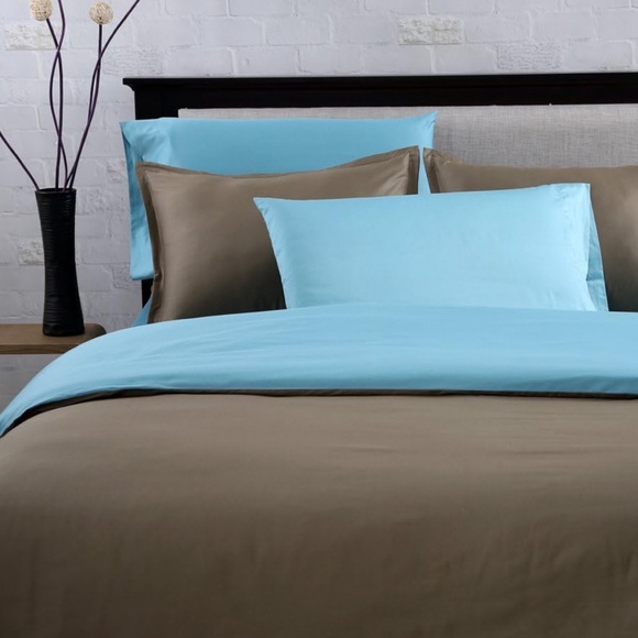 JS Affluence Queen Duvet Cover + 2 Shams Set Turquoise Mocha 100% Cotton Sateen - Picture 2 of 16